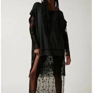 Free People Rock Steady Maxi Top Embroidered Knit Long Sleeve Black S